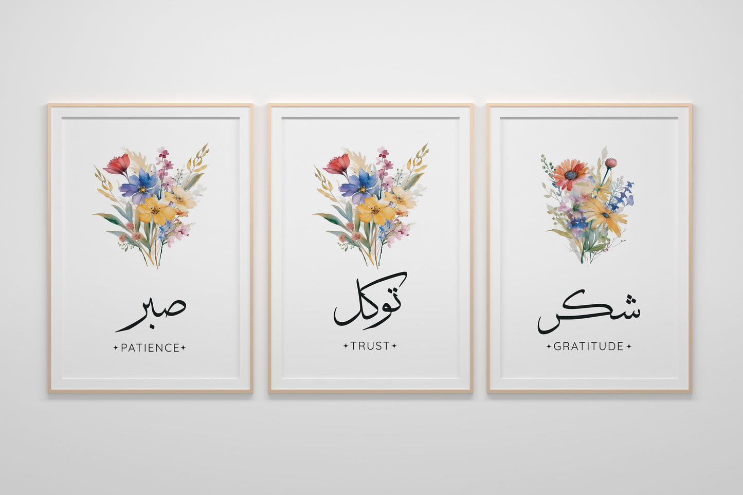 Tawakkul Sabr Shukr Islamic Prints, Floral Islamic Arabic wall art for Nursery room decor