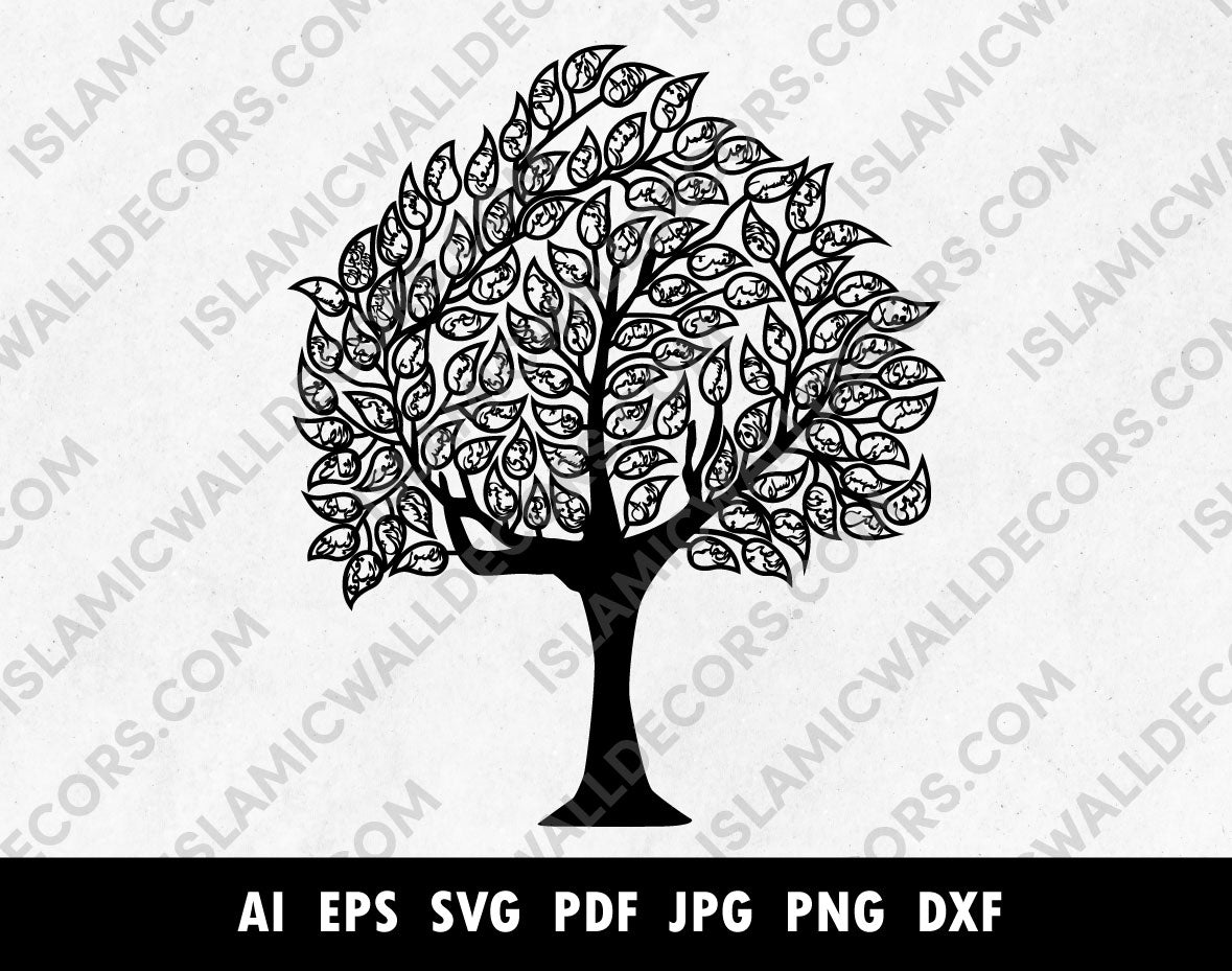 99 Names of Allah calligraphy in tree shape diwani font for metal laser cutting