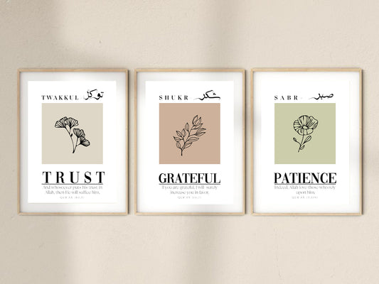 Trust Grateful Patience Islamic Prints for Bedroom and living room deocrs